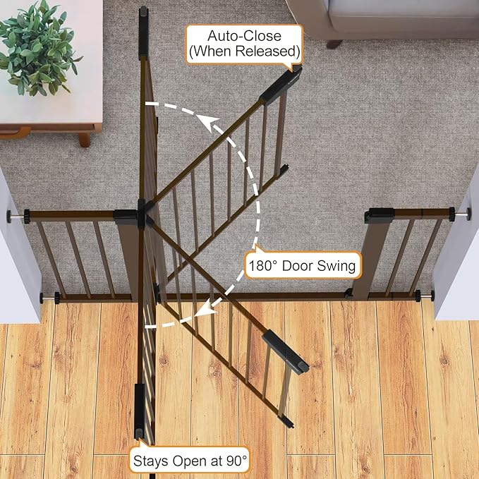 Cumbor 29.7-46" Baby Gate for Stairs, Mom's Choice Awards Winner-Auto Close Dog Gate for the House, Easy Install Pressure Mounted Pet Gates for Doorways, Easy Walk Thru Wide Safety Gate for Dog, Brown