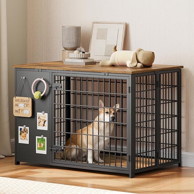 YATINEY Foldable Dog Crate Furniture, Dog Crate with DIY Frame, Heavy Duty Dog Kennel Indoor with Hooks, Wooden Dog Cage End Table, for Small/Medium Dogs, Rustic Brown and Black DC95BR