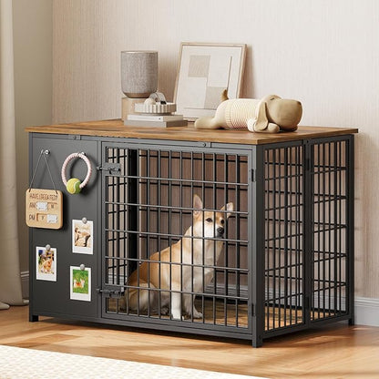 YATINEY Foldable Dog Crate Furniture, Dog Crate with DIY Frame, Heavy Duty Dog Kennel Indoor with Hooks, Wooden Dog Cage End Table, for Small/Medium Dogs, Rustic Brown and Black DC95BR