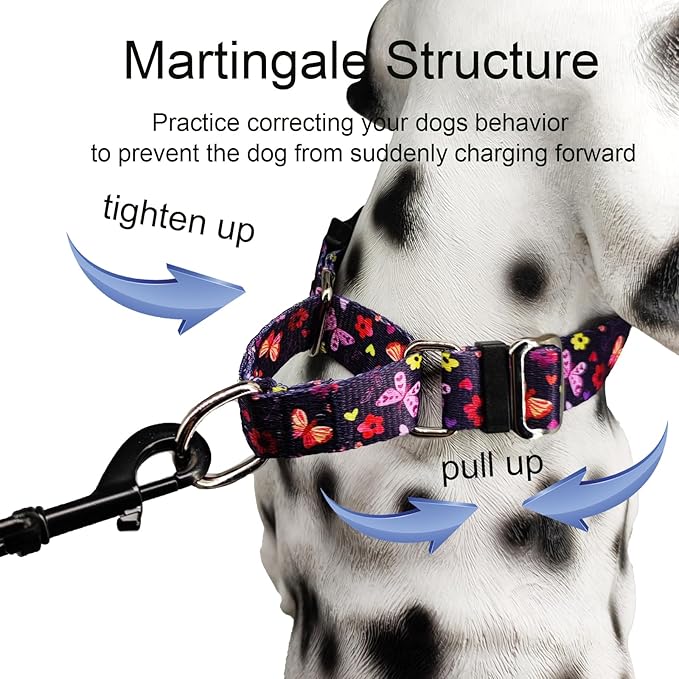 Martingale Collar with Buckle Purple Nylon Adjustable Cute Girl Female Dog Collars (Butterfly Floral, Small)