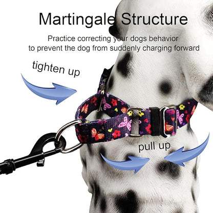 Martingale Collar with Buckle Purple Nylon Adjustable Cute Girl Female Dog Collars (Butterfly Floral, Small)