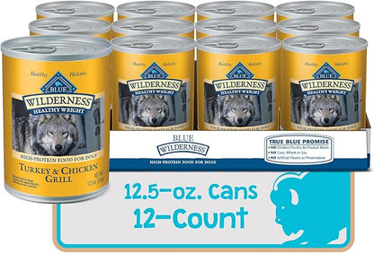 Blue Buffalo Wilderness Adult Wet Dog Food, Healthy Weight, High-Protein and Grain-Free, Turkey & Chicken Recipe, 12.5-oz. Can