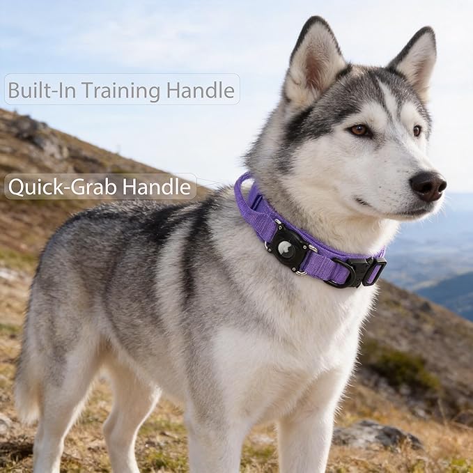 Waterproof AirTag 2nd 2026 & AirTags 1st 2021 Dog Collar - Tactical Military Collar with Secure Hard PC Holder & Comfort Handle for Medium Large Dogs,Smart ID tag (Purple, L)