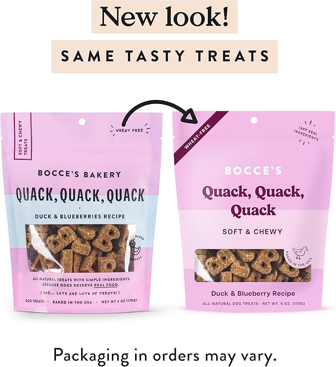 Bocce's Bakery Oven Baked Quack Quack Quack Dog Treats - Natural, Real Ingredient, Wheat-Free Soft & Chewy Cookies - Baked in The USA, Peanut Butter & Banana Flavor, 6 oz