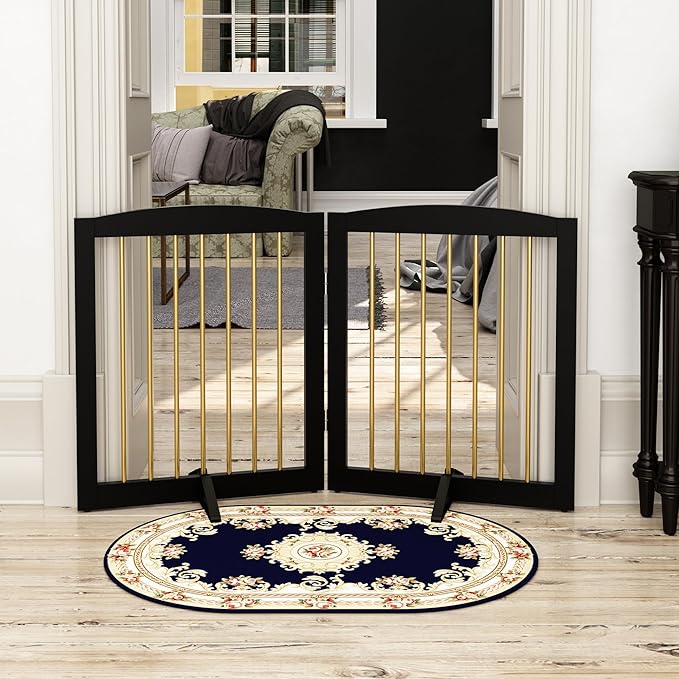 PUPETPO Freestanding Pet Gate for Dogs, Foldable Wooden Dog Gate for House, Stairs, Doorways, Step Over Pet Puppy Safety Fence,Support Feet Included,24" Height 2 Panels, Black&Gold
