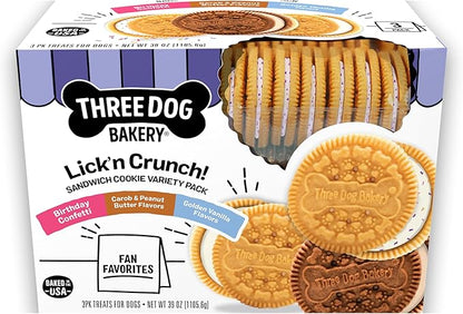 Three Dog Bakery Lick’n Crunch! Fan Favorites Dog Treats Variety Pack, Crunchy Sandwich Dog Cookies with Birthday Cake, Peanut Butter Carob & Vanilla Cream Fillings, 13 oz