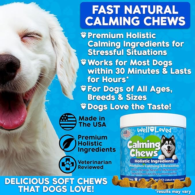 Well Loved Calming Chews for Dogs - Dog Calm Treats, Made in USA, Vet Developed, Behavior Support, Stress, Separation, Fireworks, Travel, Melatonin, Natural & Holistic, 90 Count