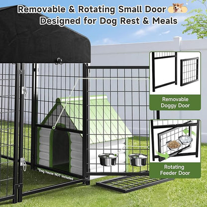 2PCS Dog Kennel Outdoor, Outside Dog Kennel with Roof & Swivel Feeders/Removable Doggy Door Allow Connecting Your Dog House, Heavy Duty Dog Run Pen Yard for Medium/Large Dogs (5'Lx5'Wx5'H)