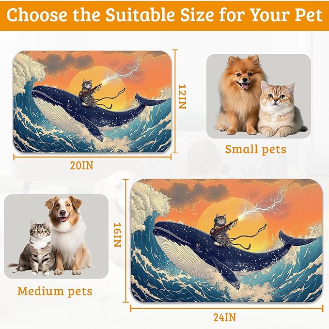 Dog Bowl Mat,Cat Shark Pet Feeding Mat for Floors Waterproof,Ocean Wave Absorbent Dogs Placemat for Food and Water Quick Dry Pet Cat Feeding Mats with Non Slip Bottom 16" x 24"