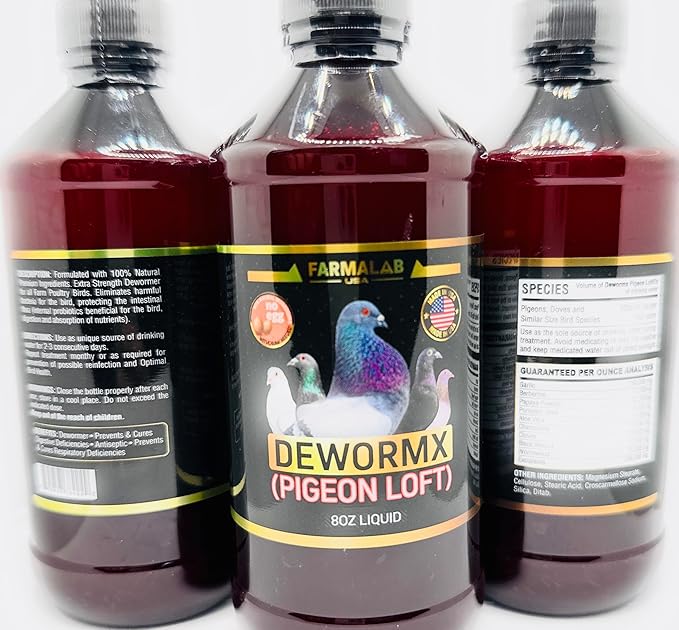 Farmalab Natural Dewormer No Withdraw Hens, Ducks, Roosters, Turkeys, Goose, Parakeets, Cockatiels, Lovebirds, Finches, Quakers, Pigeons, Palomas, Buchones, All Baby Chicks (8oz, Pigeon Loft)