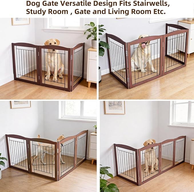 ZJSF Freestanding Foldable Dog Gate for House Extra Wide Wooden Brown Puppy Gate Stairs Dog Gates Doorways Tall Pet Gate 32 "Height 3 Panels Pet Fence