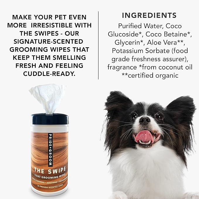 Pride and Groom The Swipe – Soothing Coat Grooming Dog and Pet Wipes with Signature Scent for Quick Cleaning & Deodorizing Face, Paw, Fur in Between Baths and After Dinner & Playtime – 50 Wipes