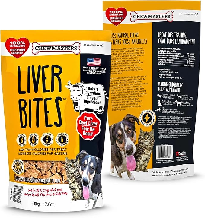 Chewmasters 100% Pure Beef Liver Bites - Healthy Freeze Dried Liver Treats for Dogs of All Life Stages - High Protein Dog Training Treats, Grain Free, All Natural, Zero Additives - Made in USA, 17.6oz