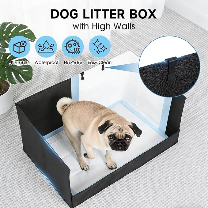 Dog Litter Box with High Walls, Pee Pad Holder Foldable, No Assembly, Waterproof, Seamless, Easy to Clean, Portable for Travel, No Spill Indoor Dog Potty Tray for Puppy & Medium Dogs