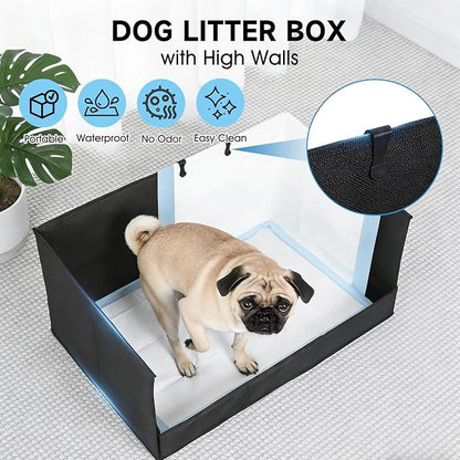 Dog Litter Box with High Walls, Pee Pad Holder Foldable, No Assembly, Waterproof, Seamless, Easy to Clean, Portable for Travel, No Spill Indoor Dog Potty Tray for Puppy & Medium Dogs