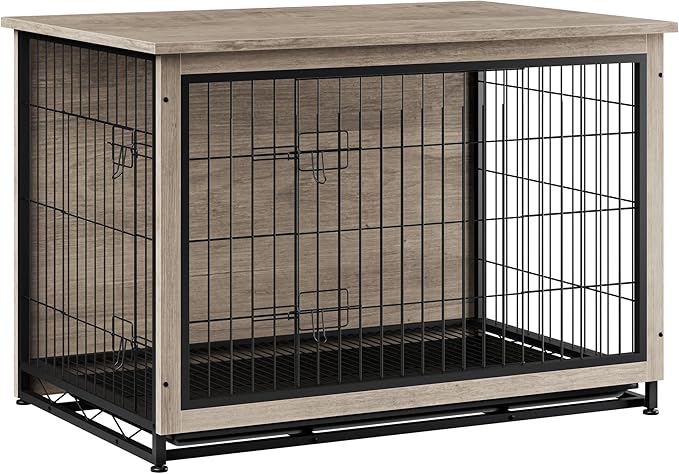 Vongrasig Dog Crate Furniture, Side End Table, Modern Wooden Kennel for Dogs Indoor, Heavy-Duty Dog Cage with Multi-Purpose Removable Tray, Double-Door Dog House, Grey