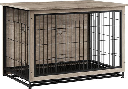 Vongrasig Dog Crate Furniture, Side End Table, Modern Wooden Kennel for Dogs Indoor, Heavy-Duty Dog Cage with Multi-Purpose Removable Tray, Double-Door Dog House, Grey