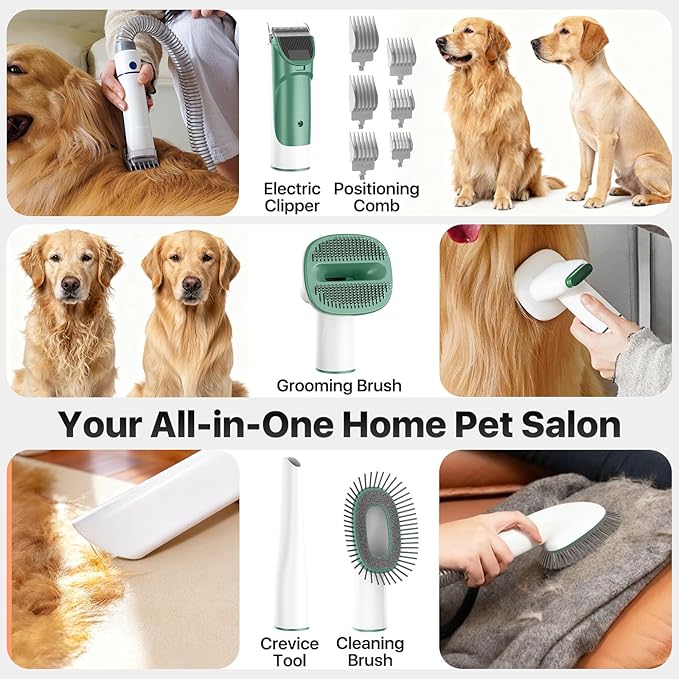 buenkee Dog Grooming Kit with Vacuum, 15000Pa Pet Hair Clipper and Shedding Brush, 50dB Low Noise, 2L Capacity, White