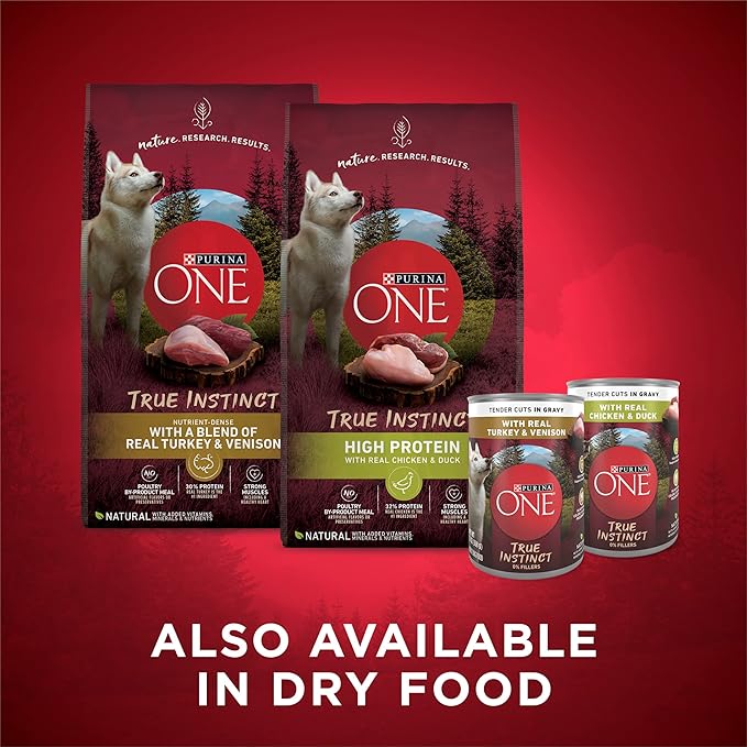 Purina ONE True Instinct Tender Cuts in Gravy with Real Turkey and Venison & with Real Chicken and Duck High Protein Wet Dog Food Variety Pack - 13 oz. Cans,(Pack of 24)