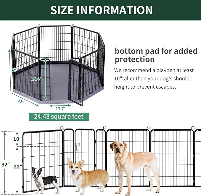 PETIME Dog Playpen,Metal Exercise Puppy Pen Heavy Duty Kennels Yard Fence Indoor/Outdoor 27" W x 32" H 8 Panels Dog Cage with Octagon Bottom Pad