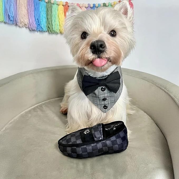 Haute Diggity Dog Chewy Vuiton Loafer Plush Squeaky Dog Toy, Soft Durable Designer-Inspired Stuffed Puppy Chew Toys for Small & Medium Dogs, Machine-Washable (Black Checker) One Size