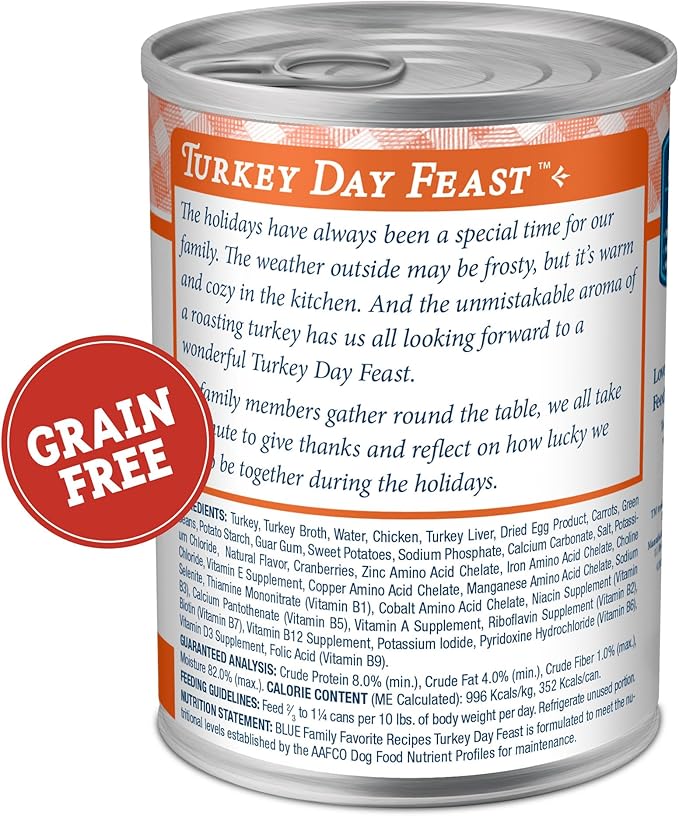 Blue Buffalo Family Favorites Adult Wet Dog Food, Made with Natural Ingredients, Turkey Day Feast, 12.5-oz Can (Pack of 12)