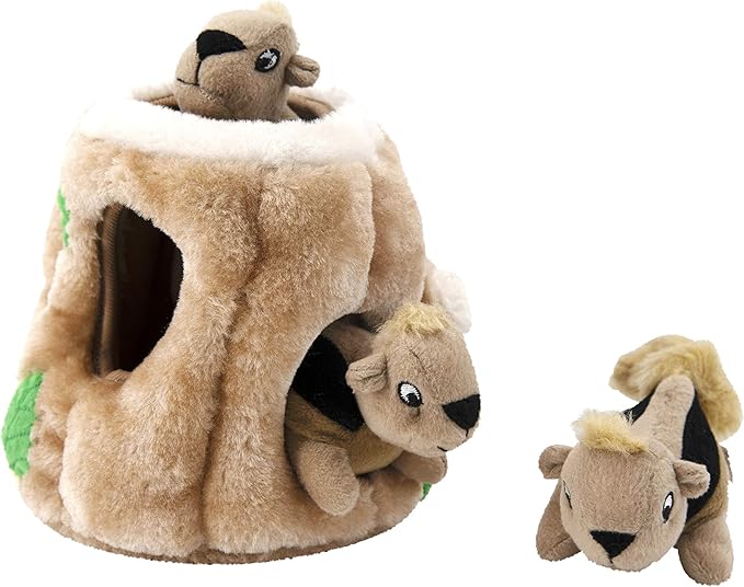Outward Hound Hide-A-Squirrel Dog Toy – Interactive 2‑in‑1 Plush Puzzle with 3 Squeaky Removable Squirrels, Medium