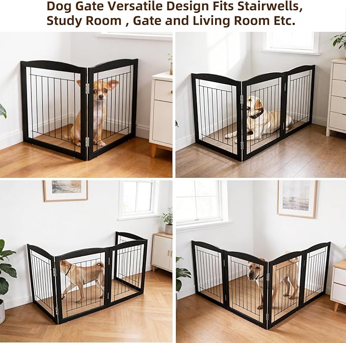 ZJSF Freestanding Foldable Dog Gate for House Extra Wide Wooden Indoor Puppy Gate Stairs Doorways Pet Gate Tall Dog Fence 2 Panels Fence Black