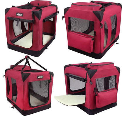 EliteField 3-Door Folding Soft Dog Crate with Carrying Bag and Fleece Bed (2 Year Warranty), Indoor & Outdoor Pet Home (20" L x 14" W x 14" H, Maroon)