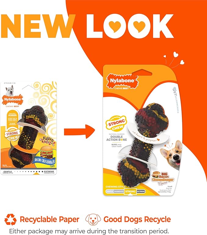 Nylabone Double Action Bone Strong Chew Toy for Dogs, Rubber Dog Toys for Moderate & Aggressive Chewers, Bacon Cheeseburger, Small - Up to 25 Ibs, 1 Count