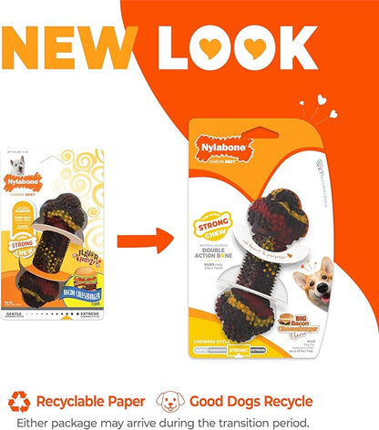 Nylabone Double Action Bone Strong Chew Toy for Dogs, Rubber Dog Toys for Moderate & Aggressive Chewers, Bacon Cheeseburger, Small - Up to 25 Ibs, 1 Count