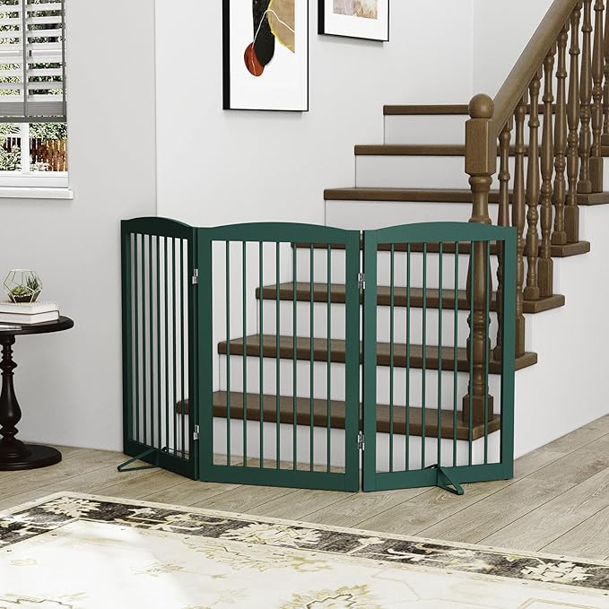 PUPETPO Freestanding Pet Gate for Dogs, Foldable Wooden Dog Gate for House Indoor, Step Over Pet Puppy Safety Fence for Stair, Doorway,Hall, Support Feet Included,3 Panels 32",Green