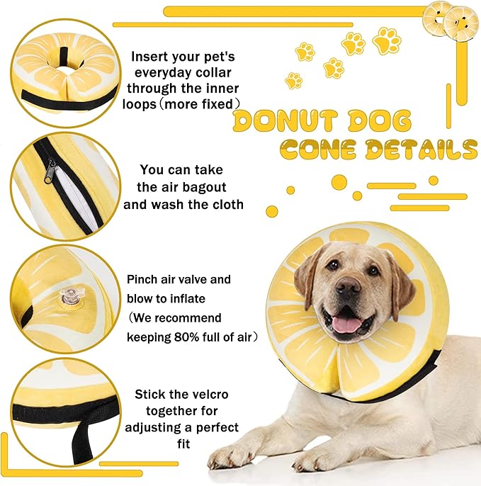Inflatable Dog Cone Collar for Large Medium Small Dogs, Soft Adjustable Recovery Cone for Dogs Cats,Dog Neck Donut Alternative After Surgery(Lemon,Small