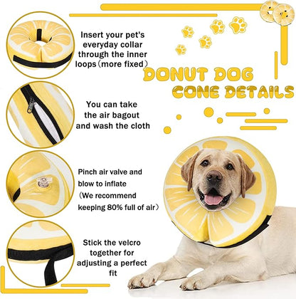 Inflatable Dog Cone Collar for Large Medium Small Dogs, Soft Adjustable Recovery Cone for Dogs Cats,Dog Neck Donut Alternative After Surgery(Lemon,Medium