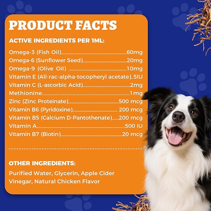 4 oz Skin&Coat Drops for Dogs&Cats - Liquid Supplement with Omega 369 Biotin-Dog Itch&Allergy Relief,Reduces Shedding,Dog Fish Oil,Coat Defense for Dogs&Cats,Chicken Flavor
