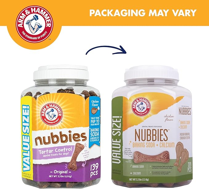 Arm & Hammer for Pets Nubbies Dental Treats Value Size - Baking Soda & Calcium Dog Dental Chews, Helps Scrub Plaque & Tartar While Chewing, Chicken Flavor, 139 Count, 52.8 Oz - 6 Pack
