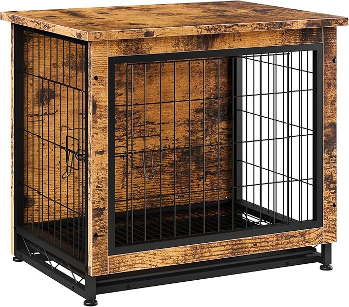 Vongrasig Dog Crate Furniture, Side End Table, Modern Wooden Kennel for Dogs Indoor, Heavy-Duty Dog Cage with Multi-Purpose Removable Tray, Double-Door Dog House, Rustic Brown