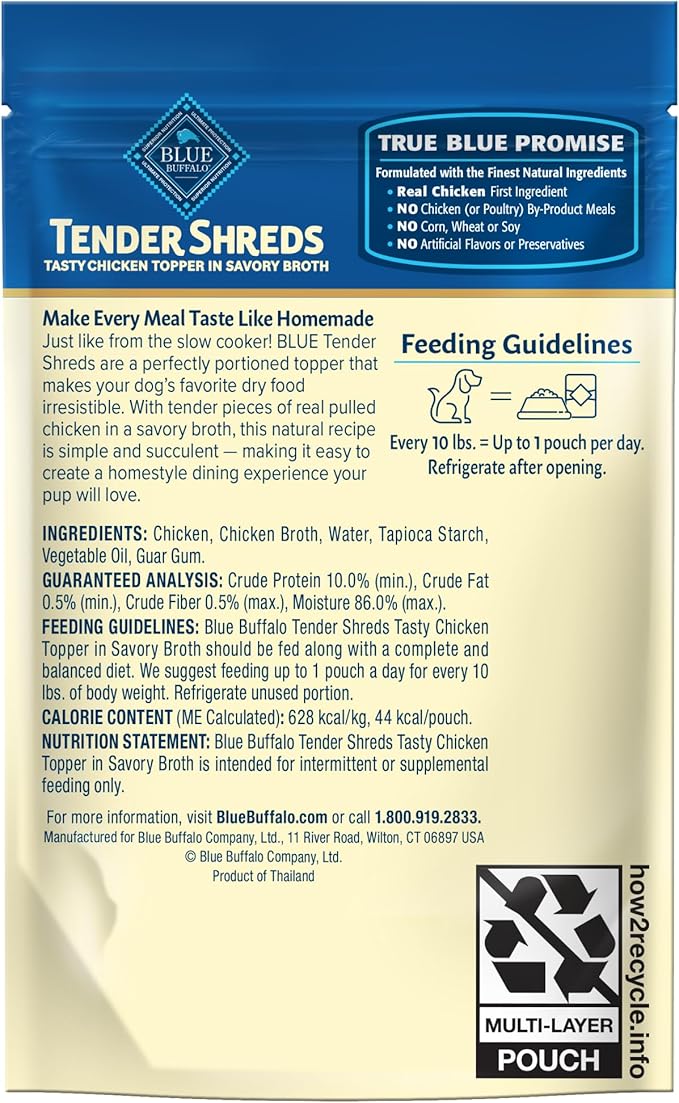 Blue Buffalo Tender Shreds Tasty Chicken Toppers in Savory Broth, Natural Dog Food Complement, Chicken, 2.5-oz. Pouch, 24-Count