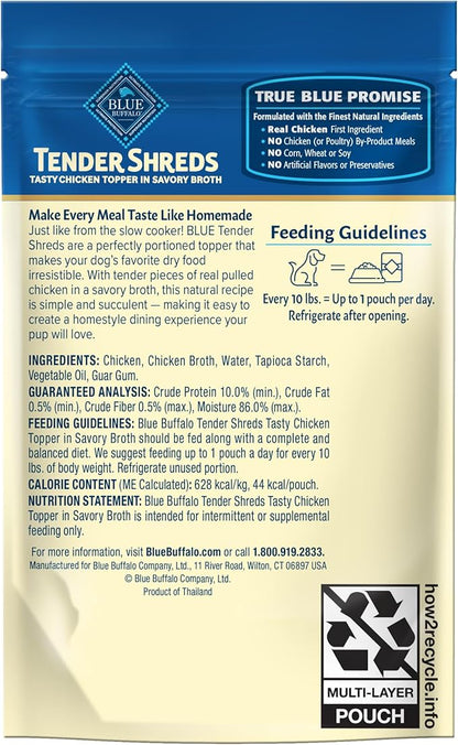 Blue Buffalo Tender Shreds Tasty Chicken Toppers in Savory Broth, Natural Dog Food Complement, Chicken, 2.5-oz. Pouch, 24-Count