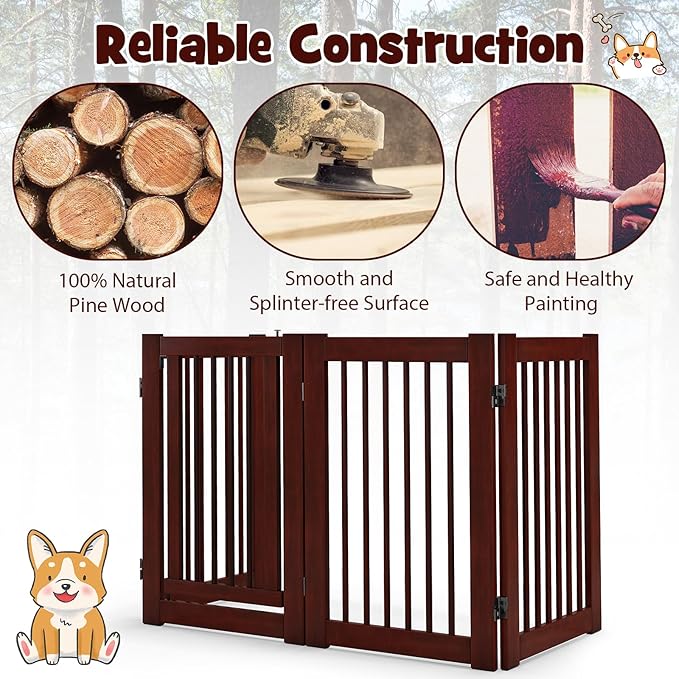 Giantex Dog Gate with Door - 30''H × 80''W Wooden Pet Gate with Walk Through Door, Foldable Freestanding 4 Panels Pet Safety Fence Extra Wide for Doorway Stairs House Deck Yard, Dark Cherry Brown