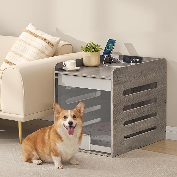 Feandrea Modern Dog Crate Furniture with Charging Station, Small Kennel Indoor with Flip-up Hidden Acrylic Door, for Small and Medium Dogs up to 22 lb, Pet Side End Table Cage, Heather Greige