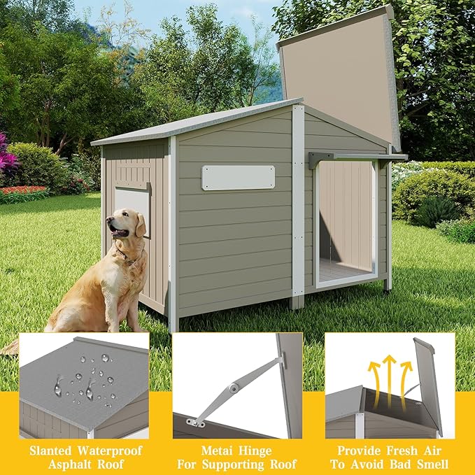 PetsCosset 55.1" L Large Dog House Outdoor & Indoor,Fir Wood Dog Kennel with Weatherproof Openable Asphalt Roof,Spacious Doghouse with Anti-Chewing Metal Edges for Small & Medium & Large Dogs,Grey