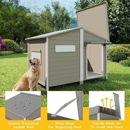 PetsCosset 55.1" L Large Dog House Outdoor & Indoor,Fir Wood Dog Kennel with Weatherproof Openable Asphalt Roof,Spacious Doghouse with Anti-Chewing Metal Edges for Small & Medium & Large Dogs,Grey