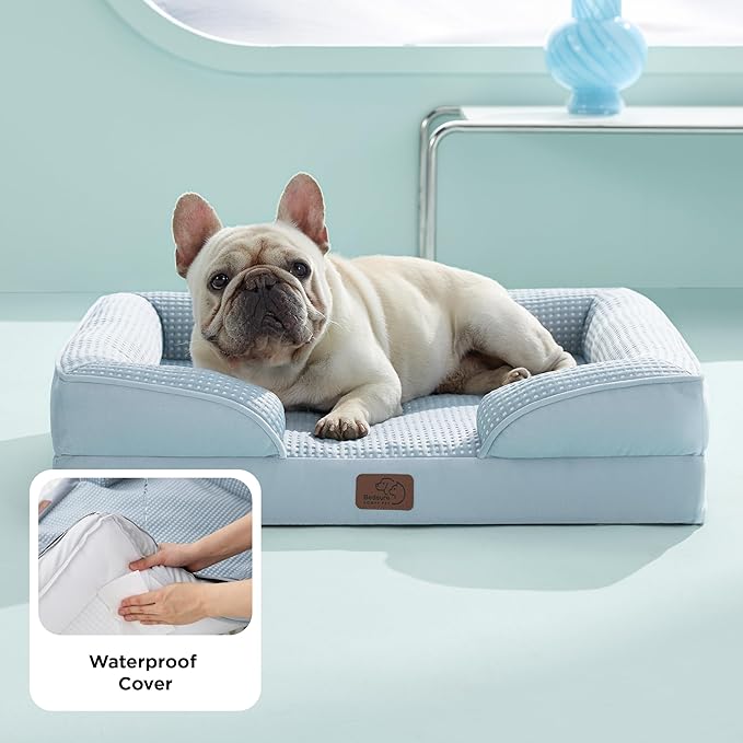 Bedsure Cooling Dog Bed Medium Size Dogs - Orthopedic Medium Dog Cat Cooling Bed Washable, Pet Couch Sofa with Waterproof Removable Cover, Pets Bed with Nonskid Bottom, Cooling Blue, 28"