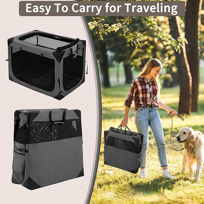 Hiaksedt Dog Crates - 36 Inch Collapsible Soft Dog Crate, 3-Door Foldable Soft Kennel for Large Dogs, Portable Pet Travel Cage with Chew Proof Mesh Window for Indoors & Outdoors（Dark Gray）
