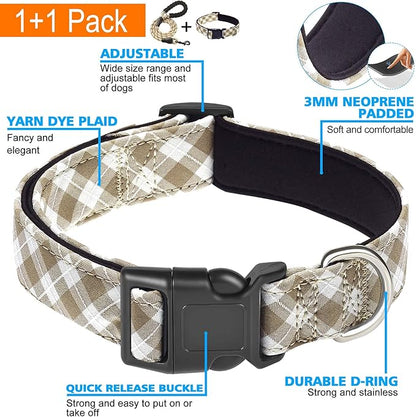 Ladoogo Reflective Dog Collar Padded with Soft Neoprene Breathable Adjustable Nylon Dog Collars for Small Medium Large Dogs (Large (Pack of 1), Vanilla Plaid Collar+Leash)