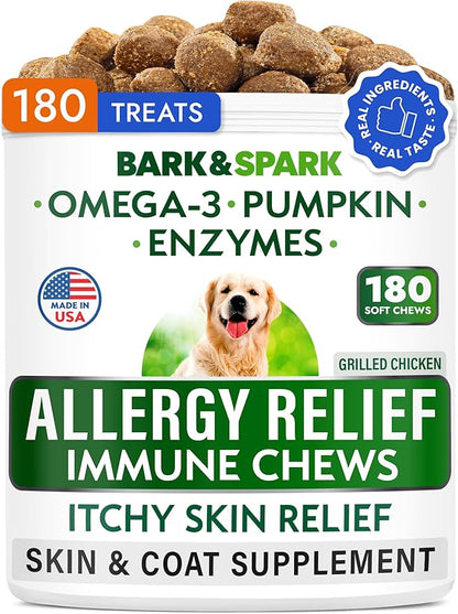 BARK&SPARK Dog Allergy Relief Soft Chews for Skin Health & Seasonal Allergies - Anti-Itch Supplement w/Omega-3, Quercetin & Bromelain Immune Treats for Dry Skin & Hot Spots - Grilled Chicken - 180ct