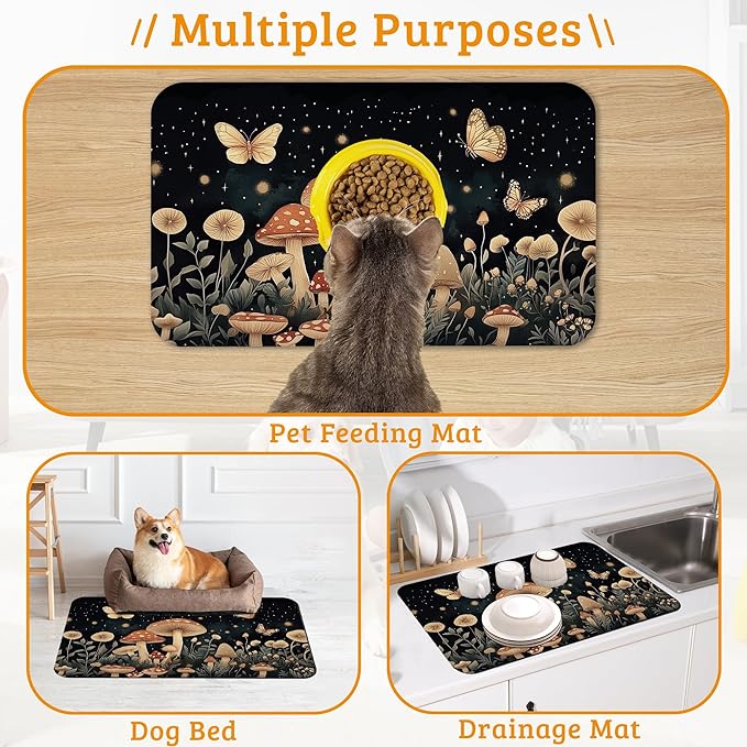 Fantasy Mushroom Dog Cat Food Mat,Butterfly Stars Absorbent Waterproof Placemat for Food and Water Non Slip Rubber Backing Durable Feeding Pad for Clean Floors 12" x 20"