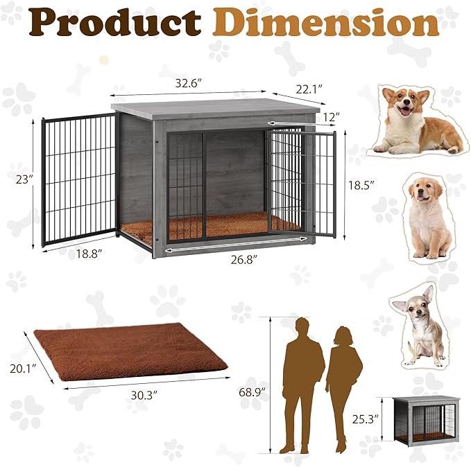 Dog Crate Furniture with Thick Cushion, Side End Table Wooden Dog Cage with Double Doors, Chew-Resistant Dog Kennel Dog House Indoor for Small to Large Dog