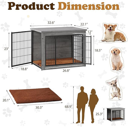 Dog Crate Furniture with Thick Cushion, Side End Table Wooden Dog Cage with Double Doors, Chew-Resistant Dog Kennel Dog House Indoor for Small to Large Dog
